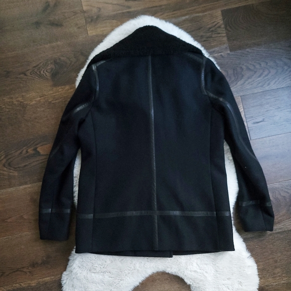 All Saints Okito Minimilist Wool Shearling Collar Pea Lamb Leather Coat - Picture 9 of 11